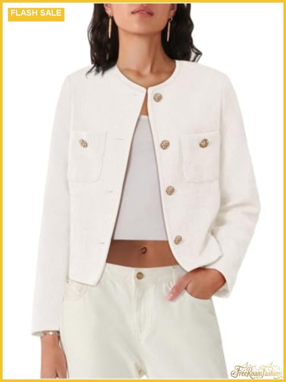 Womens Tweed Cropped Blazer Long Sleeve Button Down Jacket Professional